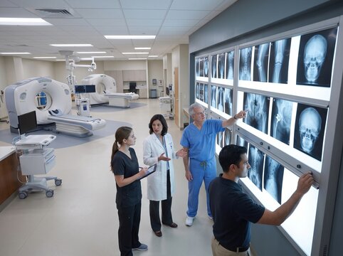 Medical Professionals Reviewing Patient X-rays in Radiology Center
