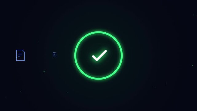 Glowing green check mark animation, digital success icon on dark background, verified symbol for software and data processing