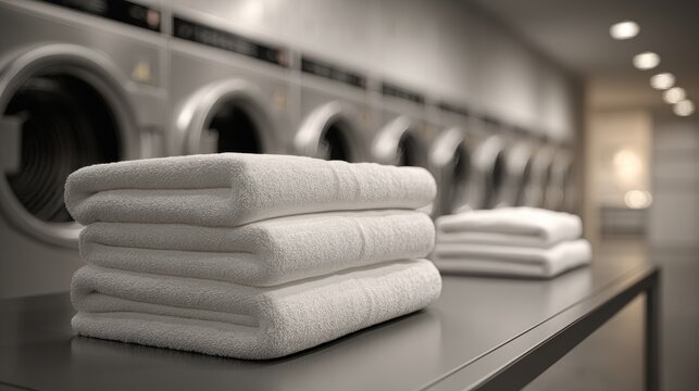 Stack of clean white towels on a table inside a modern commercial laundry room. Great for hospitality and housekeeping.