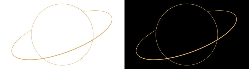 Gold planet ring outline with orbiting circular line art design PNG, Transparent and Black Background Versions for minimalist designs © Guddoo