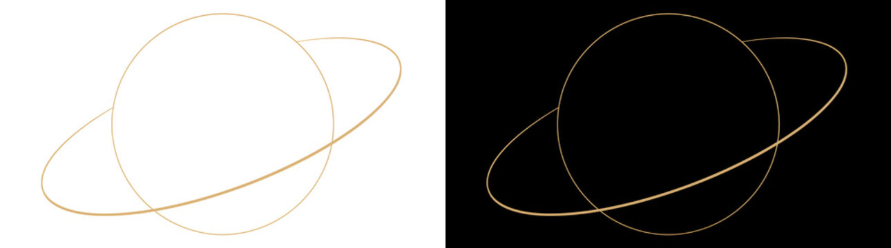 Gold planet ring outline with orbiting circular line art design PNG, Transparent and Black Background Versions for minimalist designs