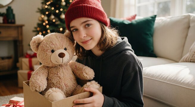 Teen girl opening presents on Christmas morning with a teddy bear, surrounded by festive holiday warmth and cozy home decor.
