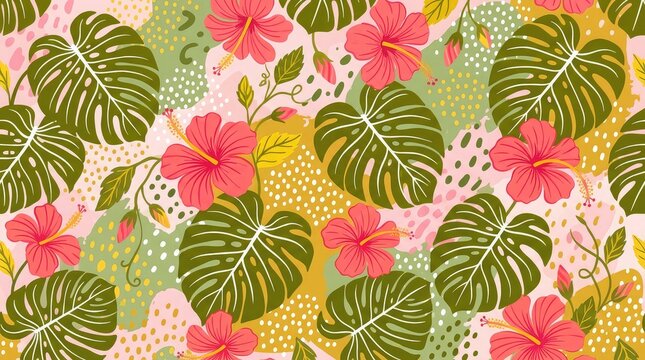 Seamless tropical pattern with vibrant pink hibiscus flowers and green monstera leaves on a soft background
