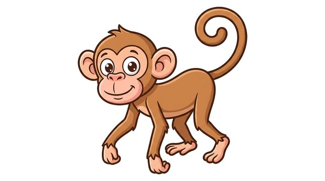 Cute cartoon monkey illustration, happy brown primate character, friendly jungle animal mascot on white background
