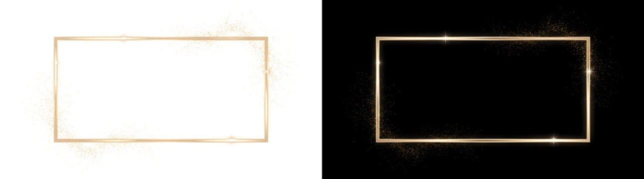 Gold rectangle frame with glittering sparkle edges and glowing corners for elegant design, offered in PNG, Transparent and Black Background Versions