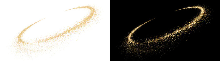 Gold sparkle dust trail curving upward with glittering particle stream for magical design, offered in PNG, Transparent and Black Background Versions © Guddoo