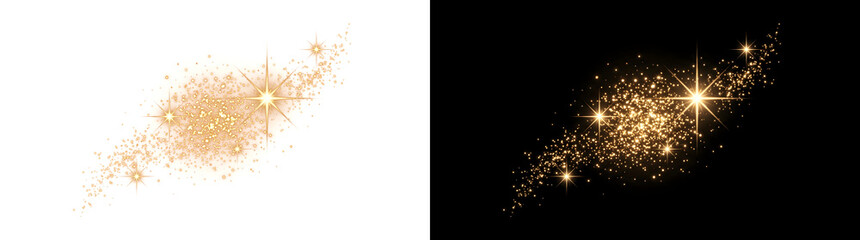 Gold sparkling star cluster glowing with glitter dust and radiant light sparks for festive design, offered in PNG, Transparent and Black Background Versions © Guddoo