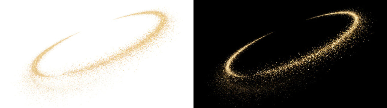 Gold sparkle dust trail curving upward with glittering particle stream for magical design, offered in PNG, Transparent and Black Background Versions