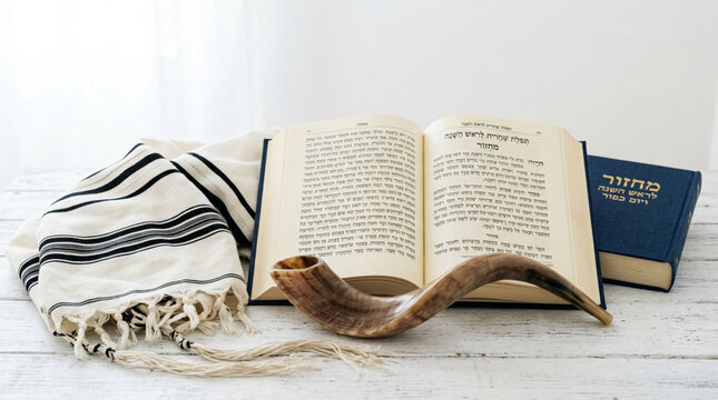 Jewish prayer shawl tallit with shofar horn and open hebrew holy book