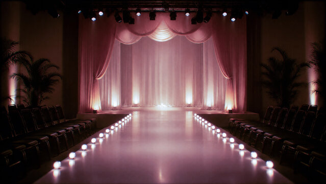 Elegant pink fashion runway with empty seating, stage curtains and dramatic lighting prepared for a glamorous fashion show