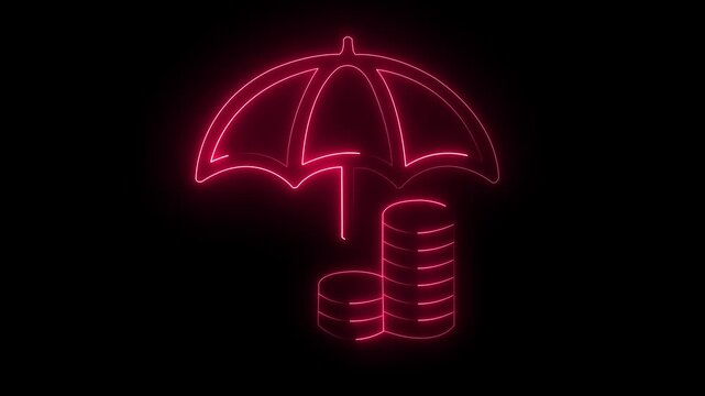 Neon umbrella protecting stack of coins with digital glow
