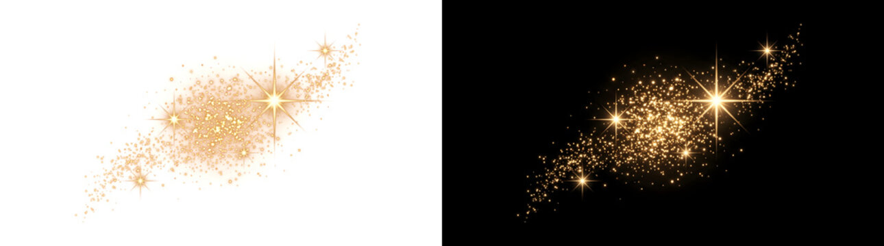Gold sparkling star cluster glowing with glitter dust and radiant light sparks for festive design, offered in PNG, Transparent and Black Background Versions