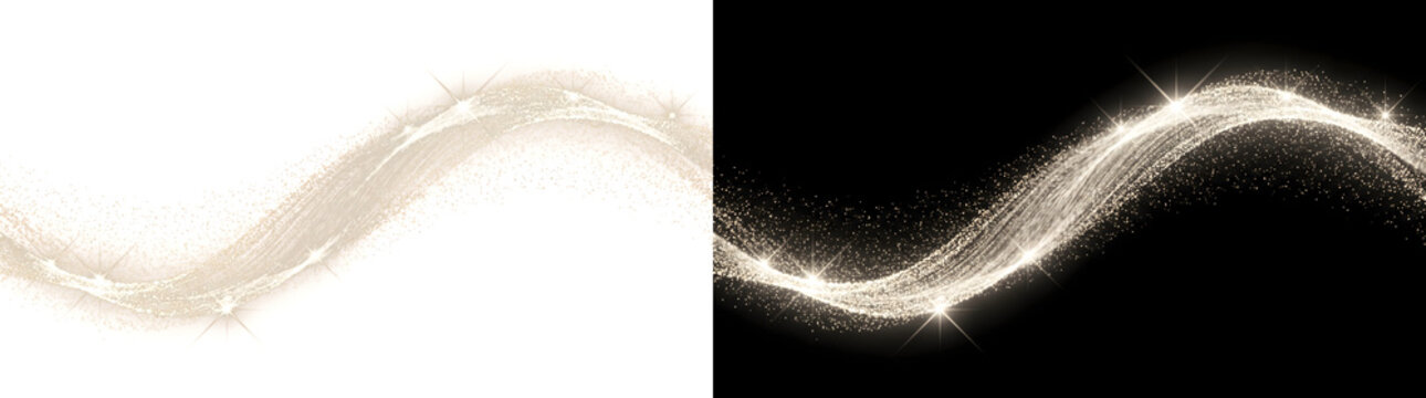 Silver glitter wavy trail with sparkling stars and glowing white dust PNG, Transparent and Black Background Versions for elegant designs