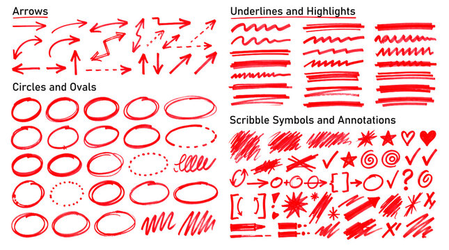 Colecci&oacute;n de elementos gr&aacute;ficos dibujados a mano con marcador rojo sobre fondo transparente: flechas, c&iacute;rculos, rayas, estrellas y s&iacute;mbolos para edici&oacute;n de video.