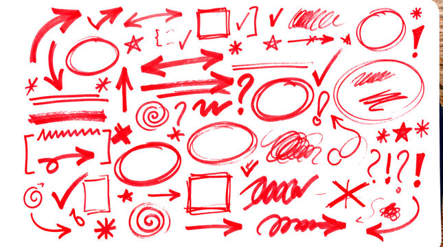 Colecci&oacute;n de elementos gr&aacute;ficos dibujados a mano con marcador rojo sobre fondo transparente: flechas, c&iacute;rculos, rayas, estrellas y s&iacute;mbolos para edici&oacute;n de video.