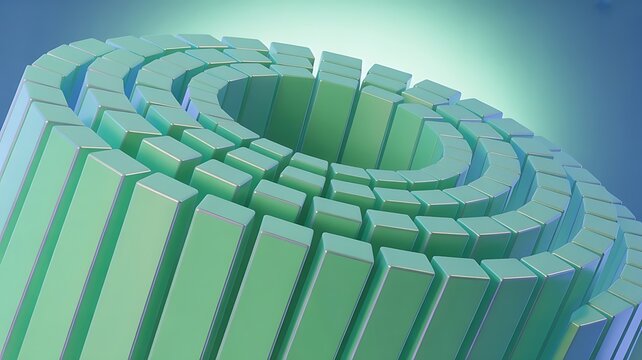 Abstract 3d render featuring concentric circles of light green rectangular blocks arranged in a geometric pattern against a soft blue gradient