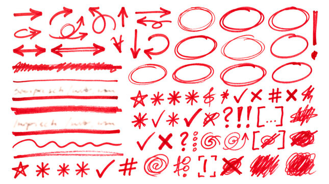 Colecci&oacute;n de elementos gr&aacute;ficos dibujados a mano con marcador rojo sobre fondo transparente: flechas, c&iacute;rculos, rayas, estrellas y s&iacute;mbolos para edici&oacute;n de video.