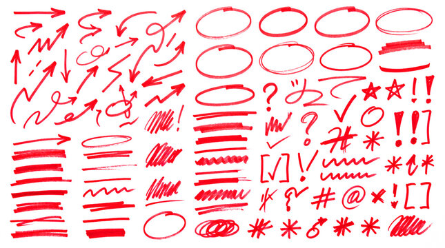 Colecci&oacute;n de elementos gr&aacute;ficos dibujados a mano con marcador rojo sobre fondo transparente: flechas, c&iacute;rculos, rayas, estrellas y s&iacute;mbolos para edici&oacute;n de video.