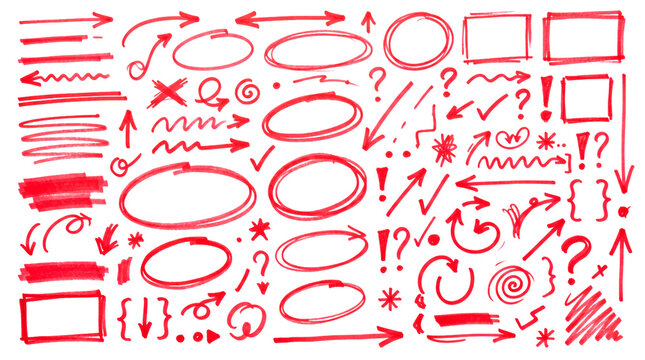 Colecci&oacute;n de elementos gr&aacute;ficos dibujados a mano con marcador rojo sobre fondo transparente: flechas, c&iacute;rculos, rayas, estrellas y s&iacute;mbolos para edici&oacute;n de video.