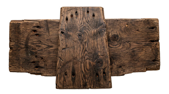 Two rustic wooden planks joined together isolated on transparent background