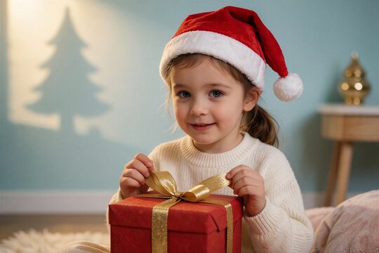 Young girl wearing a Santa hat unwraps a red gift, suggesting a joyful New Year gift exchange moment.