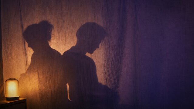 Woman and man silhouette projected on a fabric curtain during night. Couple experiencing postpartum support and shared vigil.