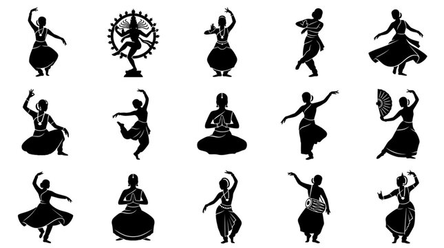 Indian classical dance silhouettes collection featuring various mudra poses and traditional folk art design elements style