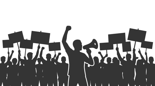 Protest crowd silhouette with leader shouting into megaphone holding signs during a collective public demonstration vector