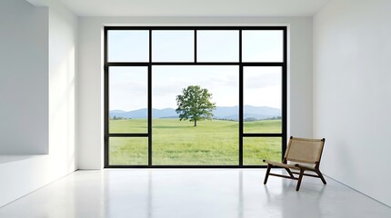Fototapeta premium Modern Minimalist White Interior with Large Black Frame Window View of Green Meadow and Solitary Tree, Contemporary Room Background with Rattan Chair for Interior Design Mockup