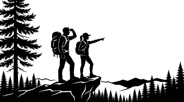 Hikers silhouette standing on mountain cliff peak pointing towards distant landscape vector graphic design element illustration