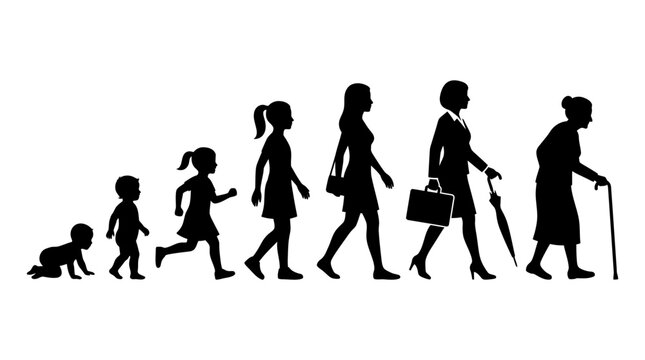 Human life cycle vector illustration showing aging process from baby to elderly woman in black silhouettes