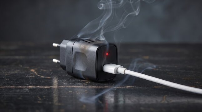 Smoking electrical plug. A close-up of a smoking black electrical plug with a white cable on a dark wooden surface, indicating a short circuit and overheating.