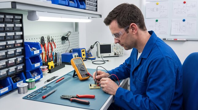 An electronics technician at a workbench. A male electronics technician solders a printed circuit board at his workplace in a workshop