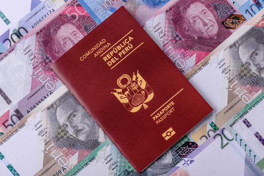 Peru, peruvian passport or id document with tickets for flight, border crossing. Peruvian passport