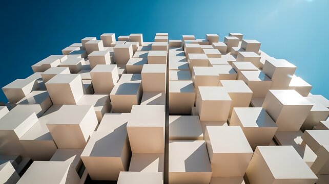 Abstract architectural facade featuring a grid of white cubic blocks protruding at different depths against a clear bright blue sky in daylight