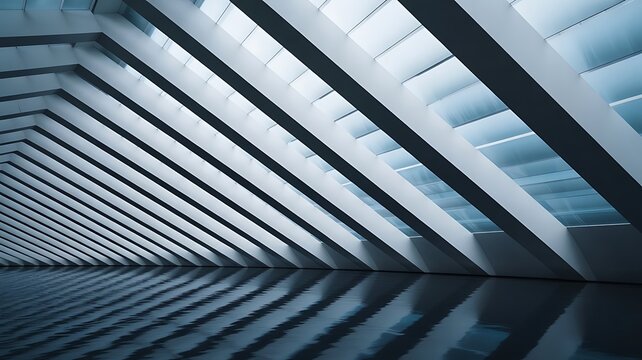 Abstract architectural interior featuring a series of diagonal beams and glass panels, creating a rhythmic, modern, and spacious geometric tunnel