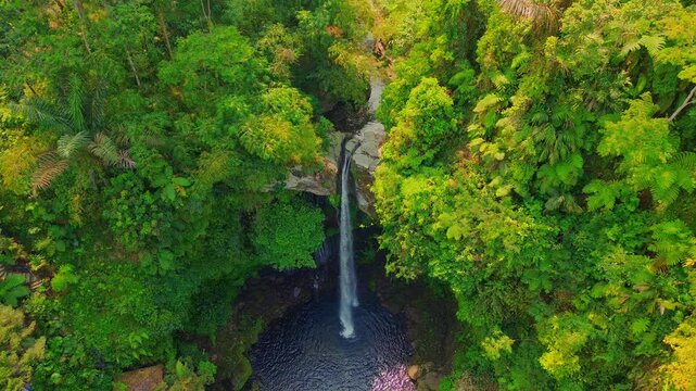 Aerial view of Curug Telu waterfall surrounded by lush tropical forest and dense vegetation in Baturaden, Jawa Tengah, Indonesia.