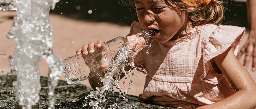 A thirsty girl drinking fresh water from a splashing public fountain on a hot summer day, candid hydration and heatwave relief for health and wellness