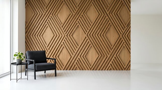 Modern Interior Design with Geometric 3D Wood Wall Panel, Black Armchair and Plant on White Reflective Floor, Luxury Architectural Living Room Mockup Background with Copy Space