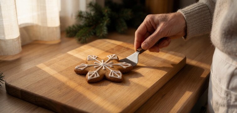 Decorating gingerbread cookies on a wooden board with warm sunlight, showing an adults hand using a spatula to lift the intricately iced treat.