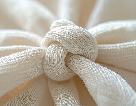 Macro Tied Natural Cotton Fabric Knot for Minimalist Craft and Textile Background