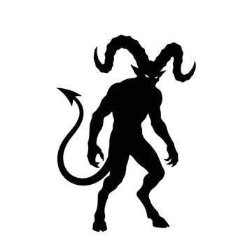 Demon silhouette with large horns, glowing eyes, and a pointed tail stands menacingly, depicted as a dark, stylized figure on a white background.