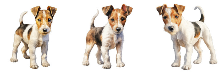 Naklejka premium Three wire fox terrier puppies stand on an isolated black background in an illustration