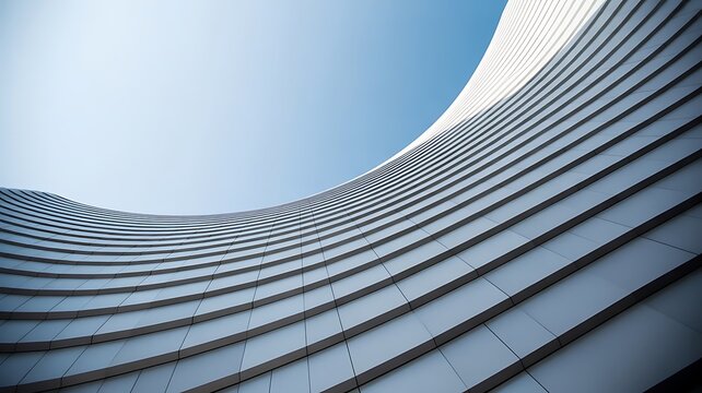 Curved architectural structure with repeating horizontal lines and a smooth white surface reaching towards a clear blue sky in a modern