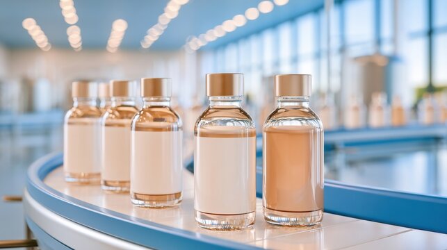 Gleaming glass bottles on automated bottling line with golden caps and blank labels