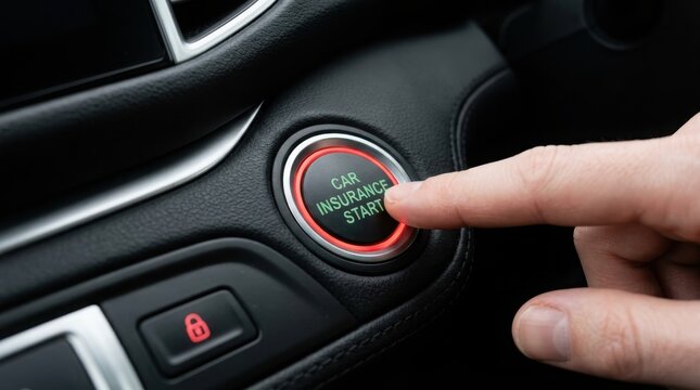 Finger pressing car insurance start button on vehicle dashboard , Dangerous crash accident, Distracted driving, Emergency response, Highway collision