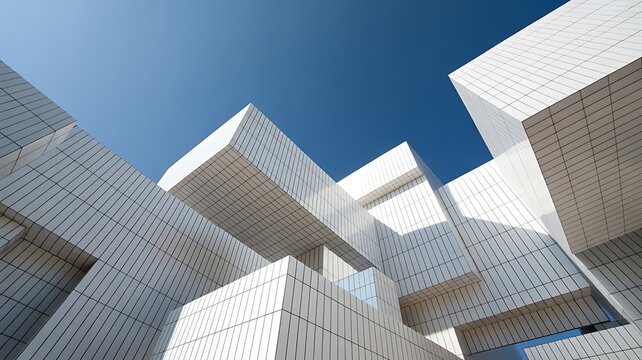 Low angle view of a modern building facade with stacked white cubic blocks against a deep blue sky creating a sharp geometric architectural look