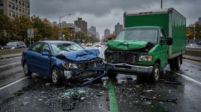 car crash on highway with truck damaged windshield and bumper , Dangerous crash accident, Distracted driving, Emergency response, Highway collision