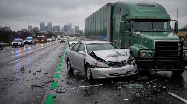 Highway car crash with semi truck accident scene on rainy day , Dangerous crash accident, Distracted driving, Emergency response, Highway collision