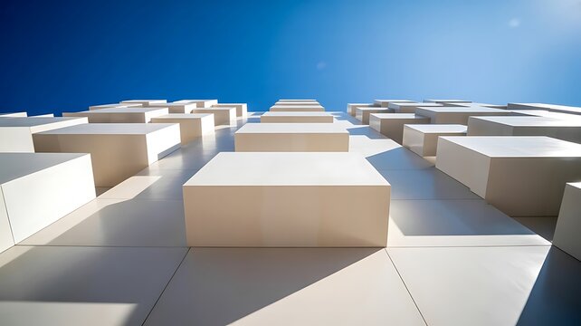 Modern architectural facade with protruding white rectangular blocks and sharp shadows against a clear blue sky on a sunny day in the city center